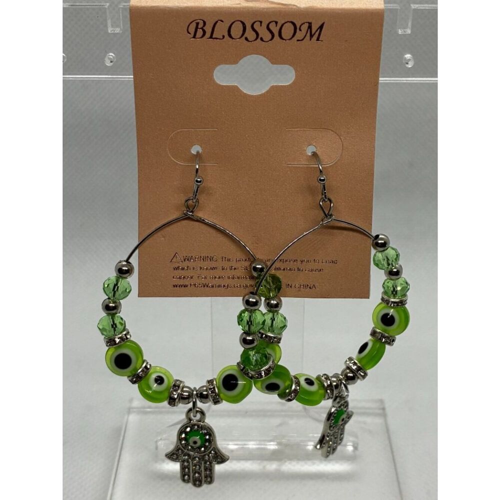 3For$20 Blossom Green Evil Eye Hamsa Protection Hoop Earrings New